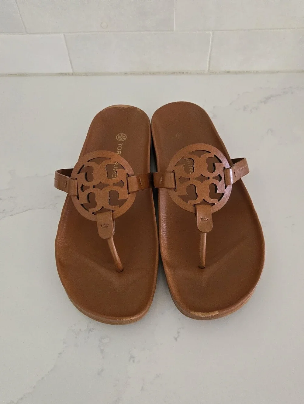 Tory Burch Miller Could Sandals Brown Leather Flat Bourbon Miele Size 10 Womens
